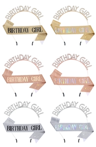 Close-up of birthday girl headband and sash set in gold, rose gold and silver colors