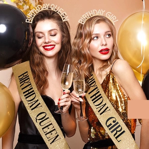 Elegant gold glitter sash and rhinestone crown headband set for birthday girl party decorations