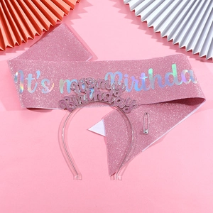 Pink glittery birthday sash and headband set with holographic lettering detail