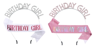 Detail of BIRTHDAY GIRL rhinestone tiara and satin sash sets in silver and pink