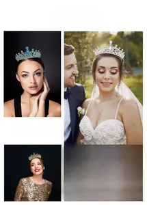 Close-up of elegant crystal wedding crown with blue gemstones and sparkling rhinestones