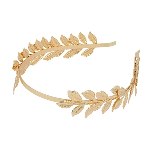 Elegant gold metal Greek leaf crown headband with symmetrical laurel leaf design for weddings