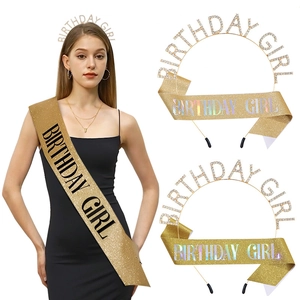 Mode Fête d'Anniversaire Or Strass Serre-tête Birthday Girl et Écharpe Pailletée pour Filles Femmes Célébration Accessoires de Fête Combo