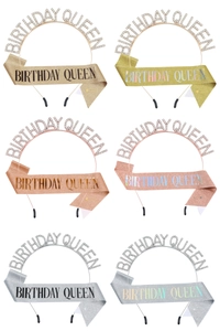 Détails du kit Birthday Queen avec diadème en strass et écharpe pailletée multicolore