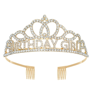 Diadème doré Birthday Girl avec strass et motif de cœur avec peignes de fixation