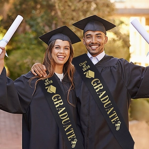 Class of 2026 Graduated sash set in black with gold glitter lettering for graduation parties