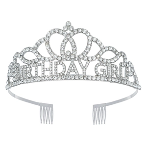 Élégante tiare argentée Birthday Girl avec cristaux et strass pour fête d'anniversaire