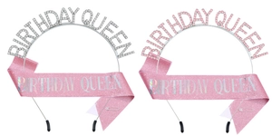 Détail du bandeau strass Birthday Queen et écharpe rose scintillante pour fête