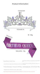 Detailed view of purple Birthday Queen sash and rhinestone crown with dimensions