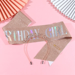 Rose gold Birthday Girl sash with glitter finish and sparkling rhinestone headband set