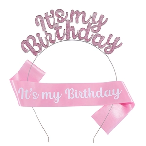 Pink Birthday Party Set with 'It's my Birthday' Glitter Headband and Satin Sash Accessory