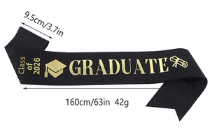 Detail of Class of 2026 graduate sash in black glitter fabric with gold foil lettering