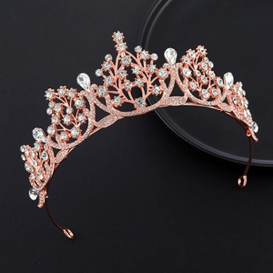 Rose gold crystal tiara for bridal wedding with sparkling rhinestones and drop-shaped stones