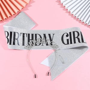 Silver Birthday Girl sash and rhinestone headband set with pin on pink background
