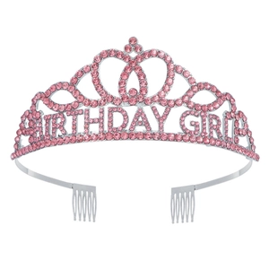 Couronne argentée scintillante avec strass roses et lettrage Birthday Girl pour fête
