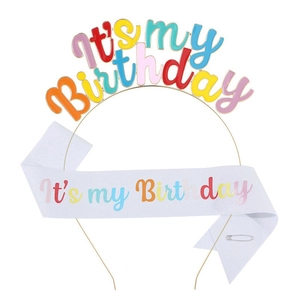 Colorful Birthday Party Set with Gold Crown Headband and Glittery It's my Birthday Sash