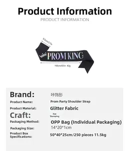 Detail-Tabelle für Prom King Glitzerstoff Schärpe mit Goldprägung und Produktabmessungen