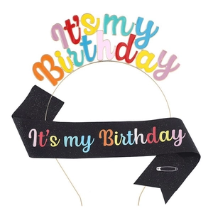 Golden headband and black glitter sash set with colorful It's My Birthday lettering