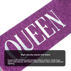 Detail of purple glitter Birthday Queen sash with PET foil lettering and elastic fabric