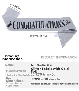 Silver glitter party sash with black Congratulations text and crown, size 160cm by 9.5cm