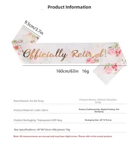 Detailed spec sheet for Officially Retired white satin sash with gold foil and pink roses