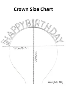 Detailed dimension guide for silver HAPPY BIRTHDAY crown with rhinestone letter measurements