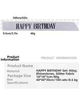 Size specifications for silver Happy Birthday sash made of glitter cloth material