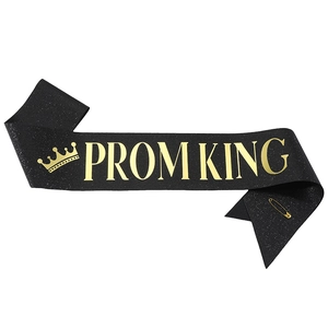Glitzernde schwarze Prom King Schärpe mit goldener Schrift, Krone und Sicherheitsnadel