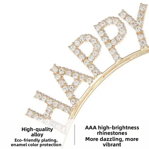 Detail of gold alloy crown with AAA bright rhinestones spelling HAPPY BIRTHDAY