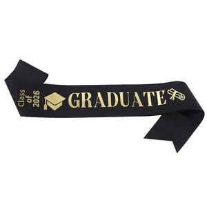 Class of 2026 glitter black sash with gold letters and mortarboard for graduation party