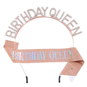 Ensemble écharpe Birthday Queen or rose et couronne en strass pour fête d'anniversaire