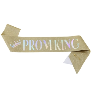 Glitzernde goldene PROM KING Schärpe mit holografischer Schrift für Partys und Bälle