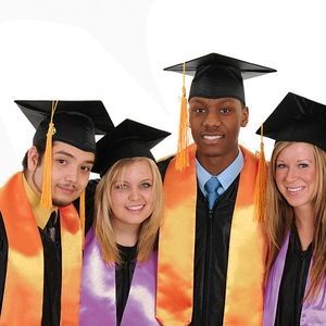 Orange and purple satin graduation stoles with black academic cap and golden tassel