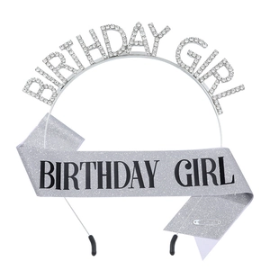 Silver Birthday Girl set featuring rhinestone tiara and glitter sash decoration