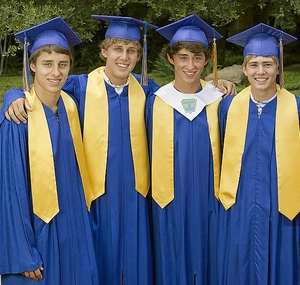 Detailed view of matte navy graduation gown set with golden tassel and satin stoles