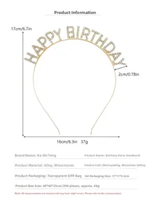 Spécifications détaillées de taille du diadème doré Happy Birthday avec strass en cristal