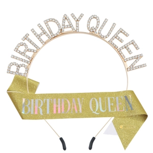 Ensemble serre-tête strass Birthday Queen et écharpe dorée pour fête d'anniversaire