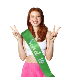 Écharpe verte Sweet 16 avec lettrage pailleté argent pour fête d'anniversaire