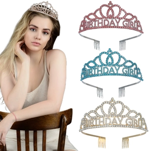 Luxueuse Couronne Tiara Birthday Girl en Alliage avec Strass Serre-tête pour Femmes Filles Accessoires de Fête d'Anniversaire