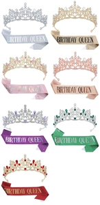 Multiple sets of Birthday Queen glitter sashes and rhinestone tiaras in various colors