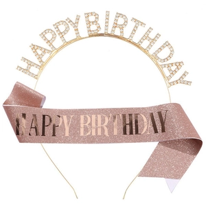 Rhinestone Happy Birthday Headband And Satin Sash Set Alloy Letter Crown Party Decorations For Women Birthday Celebration