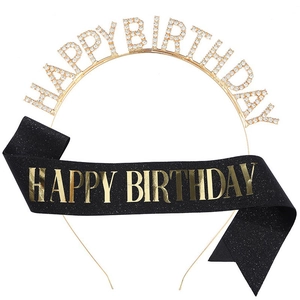 Golden rhinestone Happy Birthday headband and black glitter sash party decoration set