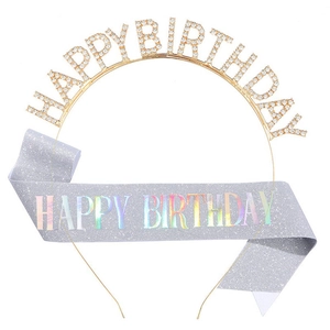 Glittery Happy Birthday sash and rhinestone letter headband set for party decoration