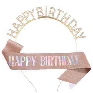 Golden Happy Birthday rhinestone headband with rose gold glitter sash party set