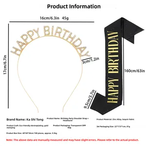 Size detail of gold birthday crown headband and black sash with gold lettering
