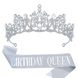 Birthday Queen set with silver rhinestone crown and light blue glitter sash for party