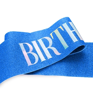 Écharpe d'anniversaire bleue pailletée avec lettrage holographique brillant