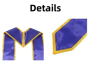Detail of purple graduation stole with gold trim showing smooth satin fabric and edges