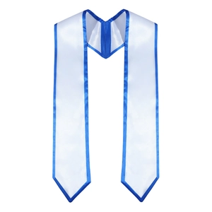 White graduation stole with blue satin trim for academic ceremonies 175cm sash