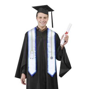 Medical school graduation sash in white satin with blue trim and stethoscope embroidery